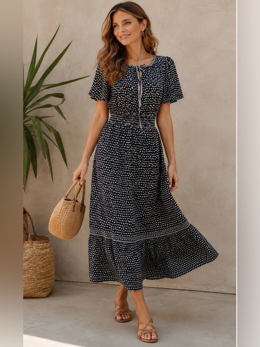 NWT Max Studio London Polka Dot Smocked Tiered Maxi Dress Size S - Picture 3 of 10